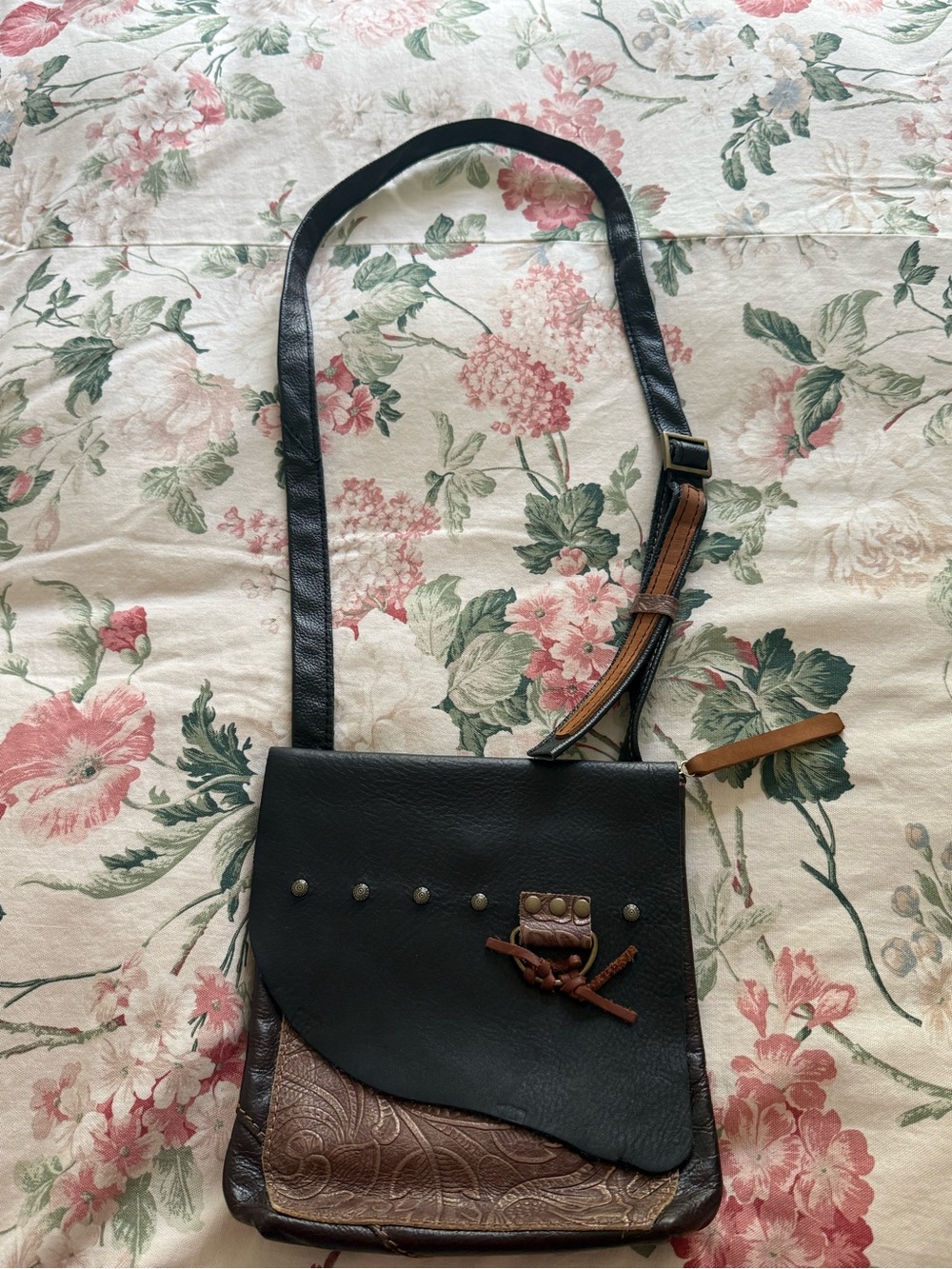 Boho Hand Tooled Leather Crossbody Bag Western Asymmetric Vintage Artisan Purse